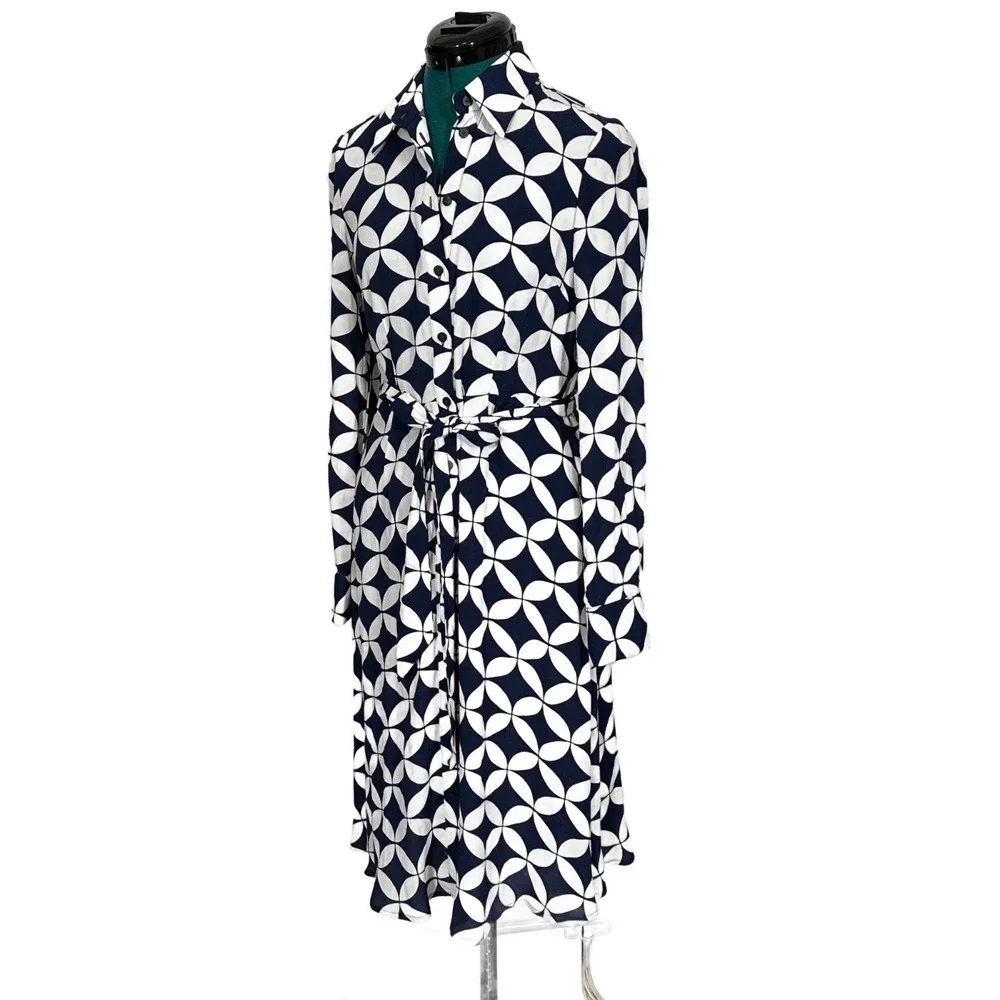 Boden Shirt Dress Geometric Petal Print 4R Navy White Belted Long Sleeve Midi - Picture 5 of 9